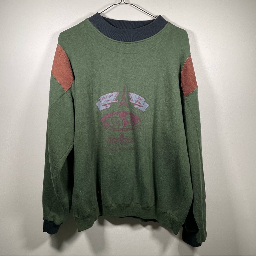 Vintage Bonjour New York Paris Milan Crew Neck Sweatshirt Green Good Condition.